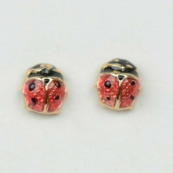 Solid 14k Yellow Gold Red and Black Enamel Ladybug Baby Earring Small with Pearl - Picture 4 of 7